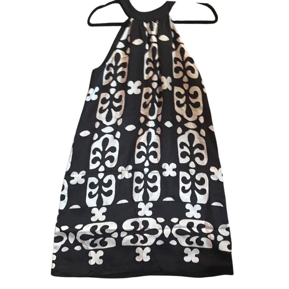 INC Intl Concepts 100% Silk Dress SIZE 6 Black White Geo Print‎ Halter Neck Y2K - Picture 2 of 9